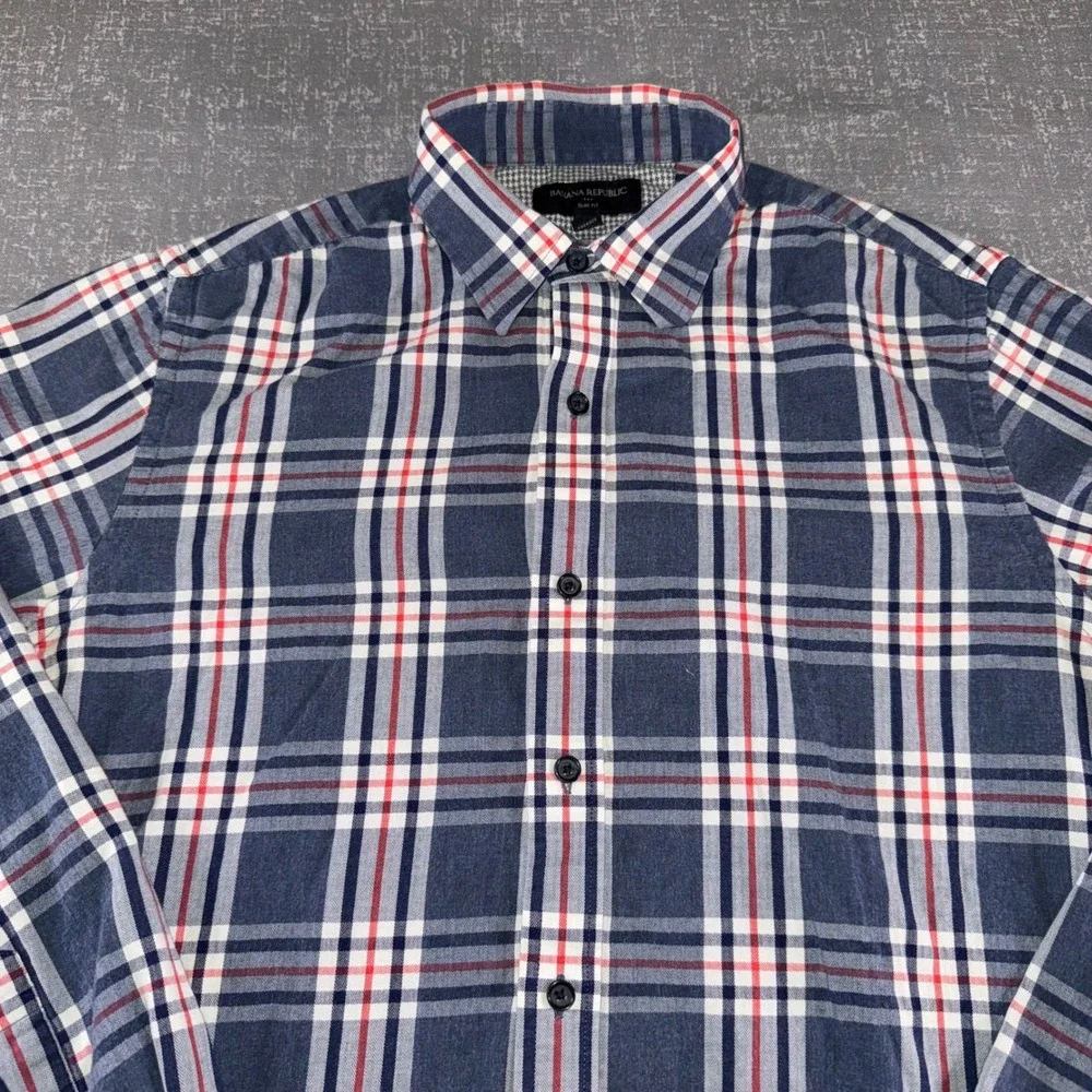 Banana Republic Mens Slim‎ Fit Plaid Button Down Shirt Navy Red White Small S